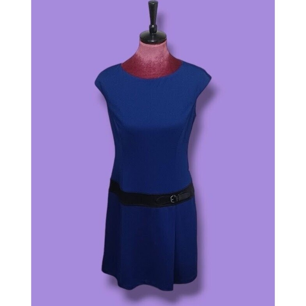 Maggy London Cap Sleeve Womens Size 10 Blue Midi Dress Built-In Black Belt NEW - Picture 2 of 10